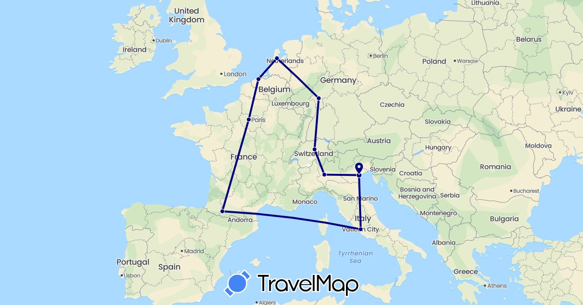 TravelMap itinerary: driving in Belgium, Switzerland, Germany, France, Italy, Netherlands (Europe)